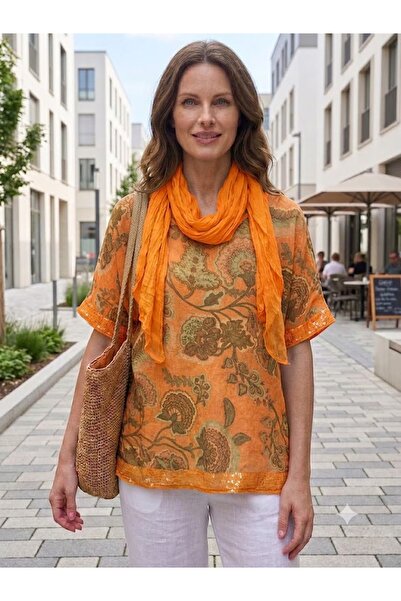 AYASOFYA OTANTIK Women's Italian Sprout Flower Patterned Loose Blouse with Se...