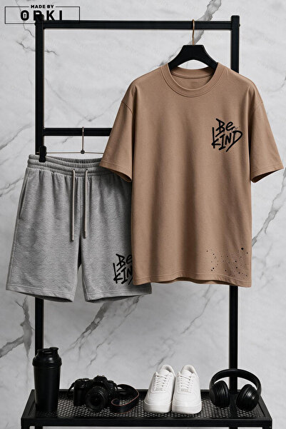 EFFRENATU Nazik Ol Printed Cotton Fabric Unisex T-Shirt-Grey Shorts Set