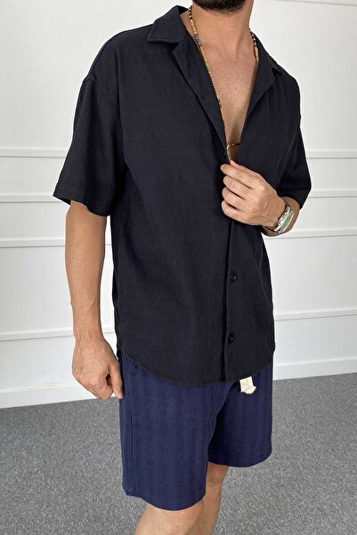 Alışveriş Sokağı Short Sleeve Textured Linen Shirt