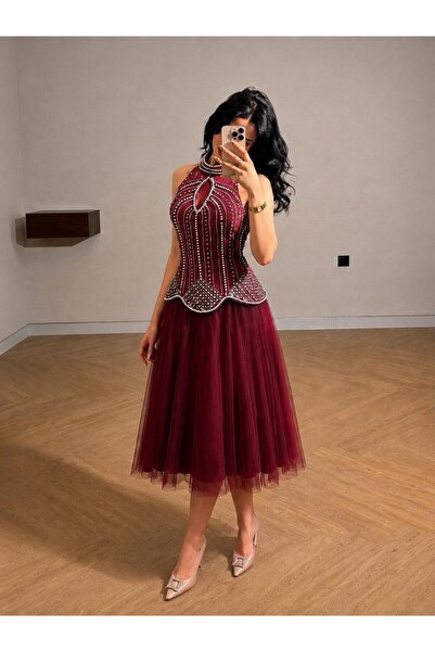 led style Midi Tulle Evening Dress with Halter Neckline and Pearl Embellishments