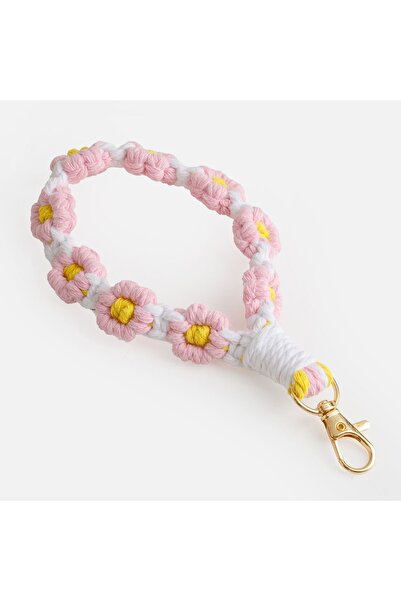 OEM Breloc cu floare din macrame roz și alb, 17cm, închizătoare aurie