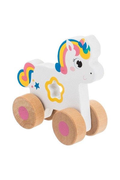 OEM Jucărie unicorn din lemn alb, detalii roz, 4 roți (12x5x12cm)