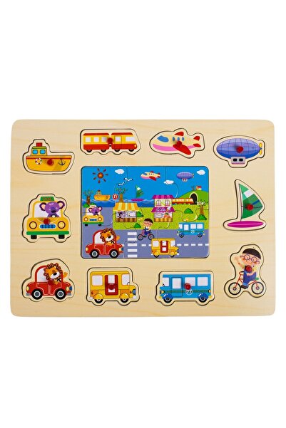 OEM Puzzle din lemn cu drumuri și vehicule, 10 piese, joc de societate 30x22c...
