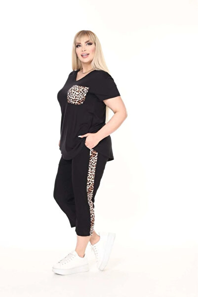 AZRA BUTİK Leopard Pattern Pocket Detailed Short Sleeve Two-Piece Set