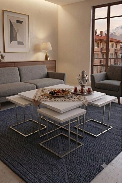 Zigon RİO 5Lİ SET 4+1 pizza 5li set ORTA SEHPA Gümüş BEYAZ MFD