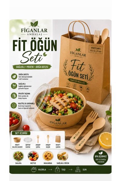 figanlar ambalaj FİGANLAR Fit Öğün Seti Kraft Salata Kasesi Kapaklı Ahşap Çat...