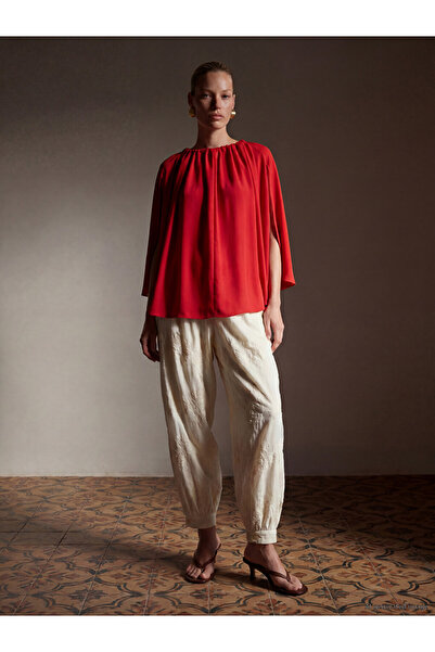LC Waikiki Vizyon New Season Red Boat Neck Gathered Cape Blouse