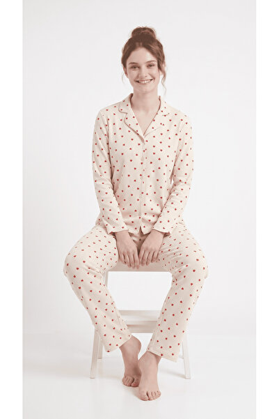 Generic Brand Buttoned front waffle fabric ecru heart pattern seasonal pajama...