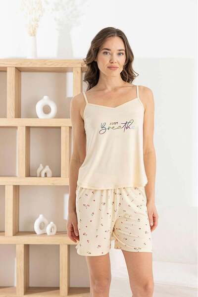 Relax Mode Kadın Bej İp Askılı Şortlu Pijama Takım - 7624-88R