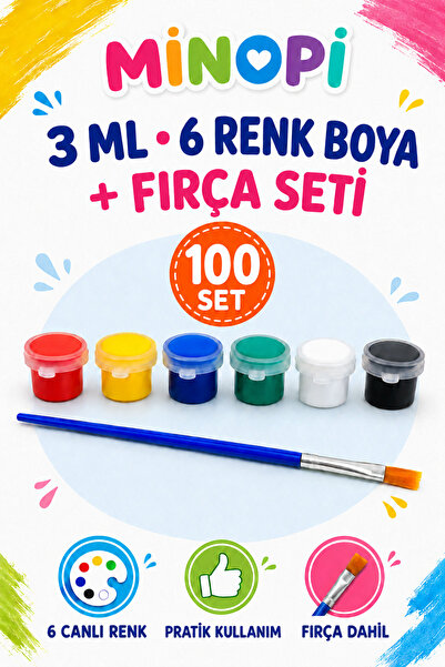Minopi 6 Renk Akrilik Boya 3 ml ve Fırça seti 100 Set