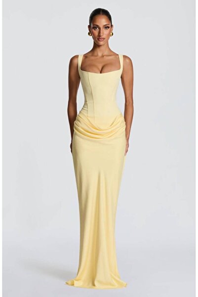 maf collection Women's Thick Strap Yellow Square Neck Front Draping Detail Ti...
