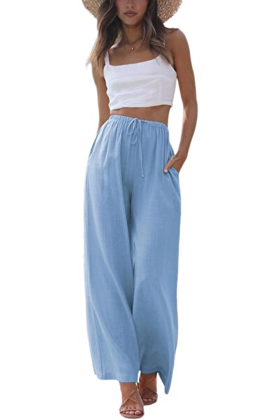 Generic Faleave Women's Summer Cotton-Linen Palazzo Beach Pants with Pockets