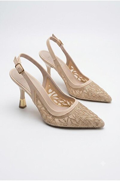 fort 086-7034 Tulle Laser Cut Stone Embroidered 8 cm Heeled Women's Shoes