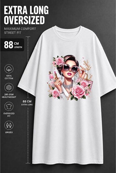 classy moda Γυναικείο εξαιρετικά μακρύ μπλουζάκι με στάμπα τριαντάφυλλο και γ...
