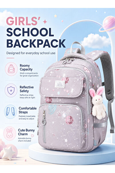 Pomefar Girls School Backpack, Large Capacity Kids Bookbag with Bunny Charm, ...