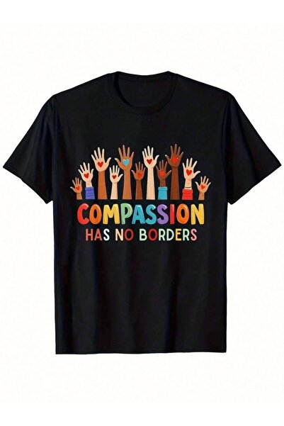 KYMC07 's Black T-Shirt With Multicolor Hands "Compassion Has No Borders" Slo...