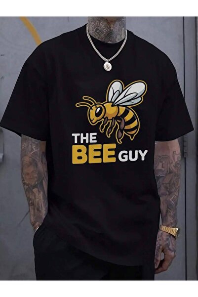 4CR Men's Casual Black Bee Pattern T-Shirt Suitable For Daily Wear