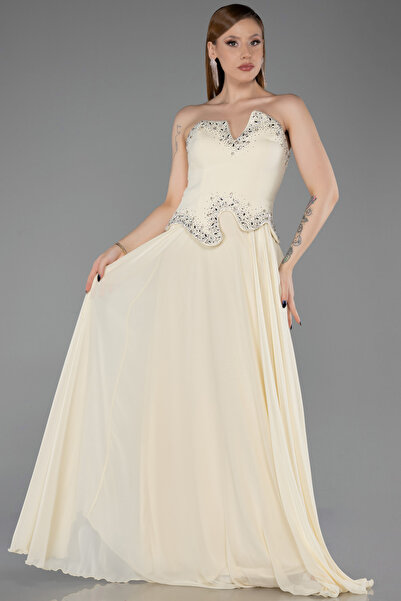Abiyefon Sarı Taşlı Asimetrik Straplez Peplum Uzun Şifon Abiye ABU6188