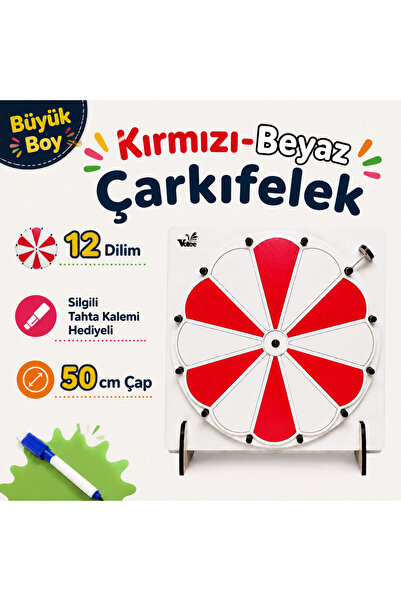 VoleeCraft BÜYÜK BOY 12 DİLİM Kırmızı-Beyaz Çarkıfelek Oyunu Ahşap Eğitim Mat...