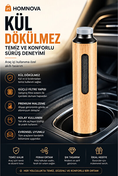Homnova Araç İçi Küllük Ahşap Sigara Tutucu Kül Dökülmez Portatif Oto Küllüğü...