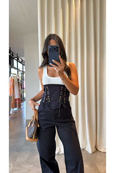 My Blog Navy Blue Corset Blouse Cargo Pants Set - 1048