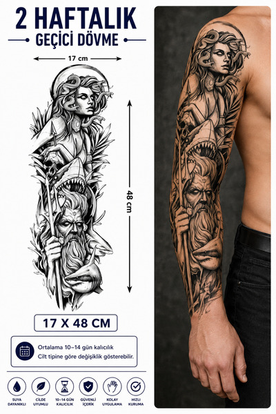 medink tattoo 2 Hafta kalıcı Gerçekci Geçici Medusa Poseidon Deniz Tanrısı Ko...