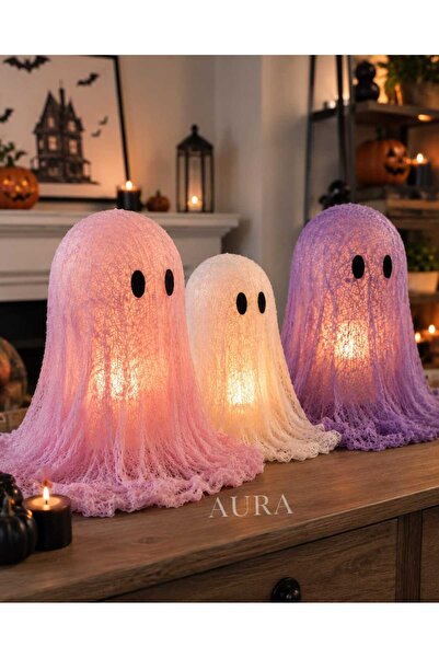 Handmade AURA 3'lü Renkli ve Işıklı Dekoratif Hayalet Lamba Seti - Cadılar Ba...