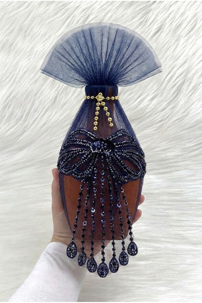ZEYMERADE Navy Blue Test, Butterfly Applique, Sparkling Sequins and Beaded He...