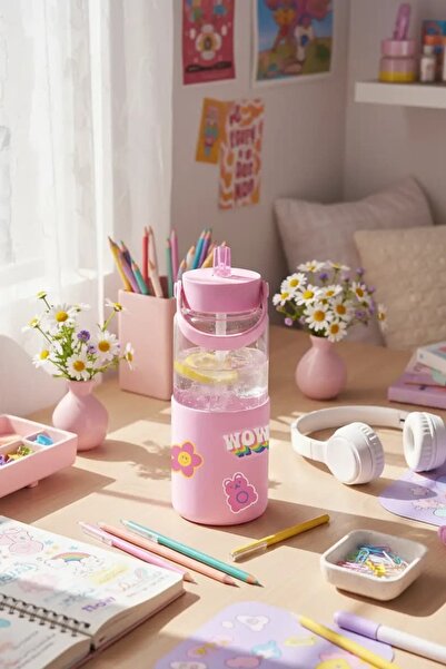 Miniso Lisanslı DIY Serisi Saplı Pipetli Plastik Şişe 1100 mL – Pembe
