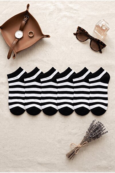 hadiora Women's Black and White 6-Piece Striped Socks Set - Soft Cotton