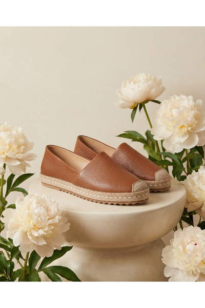 futsi shoes MILET Taba Hakiki Deri Dikiş Detaylı Kadın Espadril