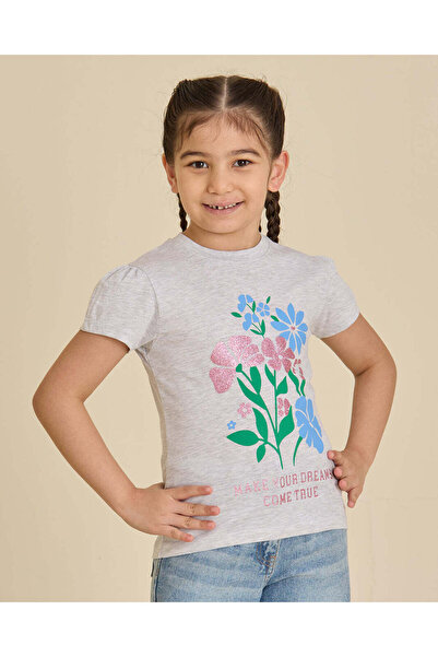 REDTAG Girls Grey Melange Basic Cotton T-Shirt