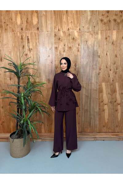 Asya Karen Lined Floral Detailed Belted Suit Cherry Rotten