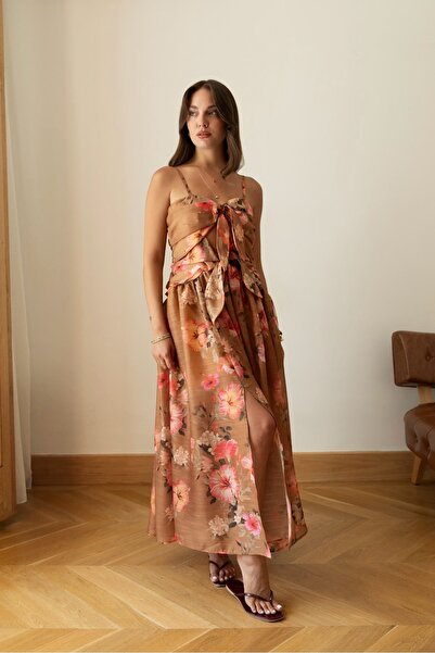 BRTC design Women's Coffee-Colored Dress with Detailed Straps and Floral Design