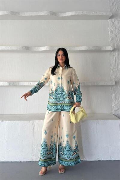 Neşeli Butik Women's Beige Imported Fabric Patterned Shirt and Trousers Doubl...