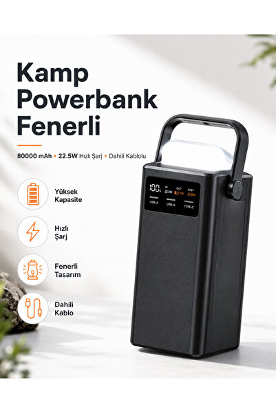 EN SİGA Kamp Powerbank Fenerli 80000 mAh 22.5W Hızlı Şarj Dahili Kablolu