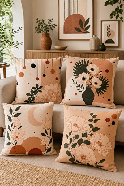EVPANYA Cream Tones Floral Patterned 4-Piece Throw Pillow Cover Set