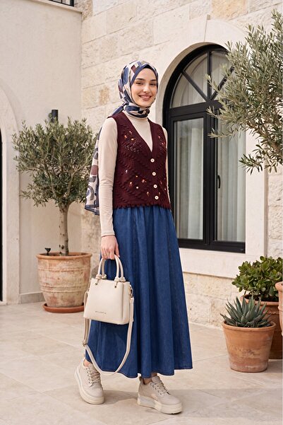 Modamorfo Pompom Flower Embroidered Openwork Knitwear Vest - Burgundy
