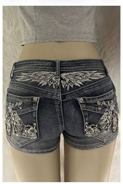 Köstebek Washable Denim Jeans Stoned Wings Grunge Mini Shorts