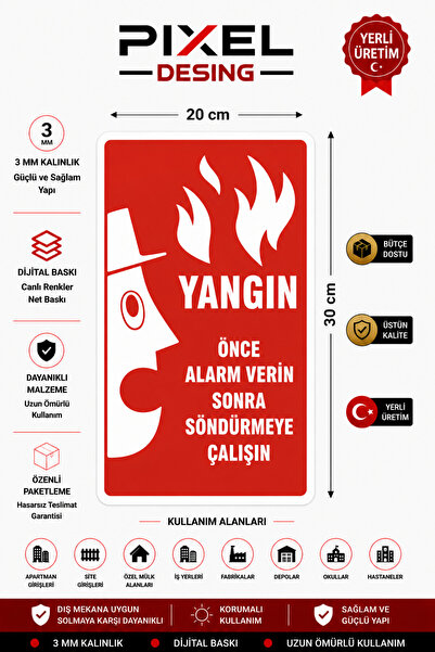 Yangın Uyarı Levhası, Yangın Alarm Levhası, Önce Alarm Verin Sonra Söndürmeye Çalışın Levhası, Yangın Güvenlik Levhası, Acil Durum Levhası 20x30cm