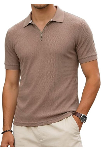 OEM Tricou polo de vară pentru bărbați, cu fermoar, kaki M
