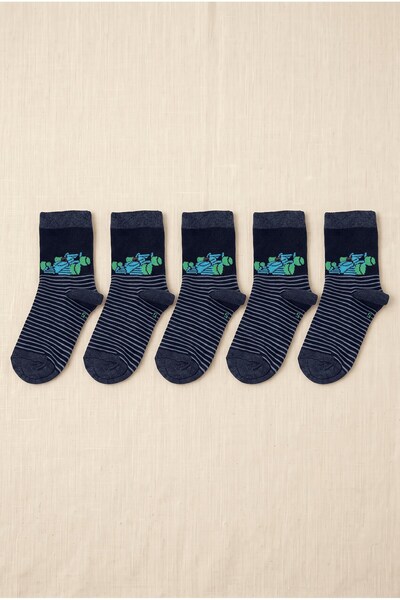 hadiora طقم جوارب مخطط للأولاد باللون الأزرق الداكن من 5-6 سنوات، مكون من 5 قطع