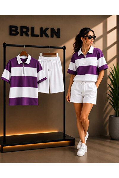 BRLKN Striped Polo Neck T-Shirt - Shorts Set