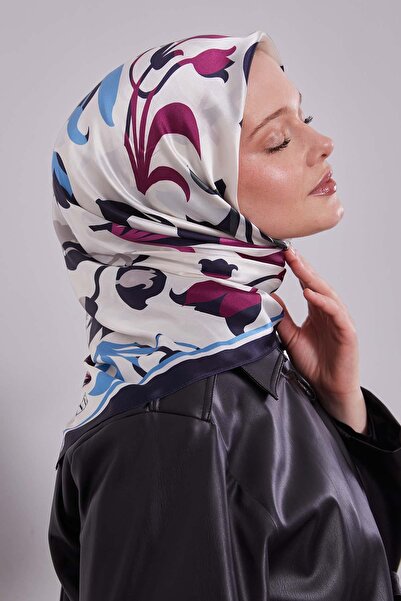 Levidor Navy Blue - Beige Tulip Pattern Crystal Scarf