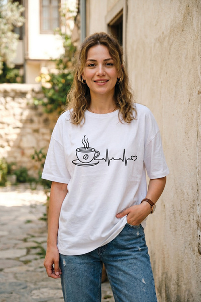 BAGAND Premium Coffee and Heartbeat Oversize Unisex T-Shirt 100% Cotton Minim...