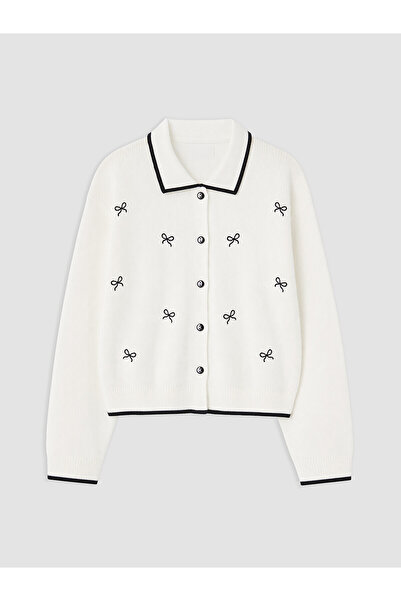 LC Waikiki Nevavm Polo Collar Bow Embroidered Girls' Knitwear Cardigan