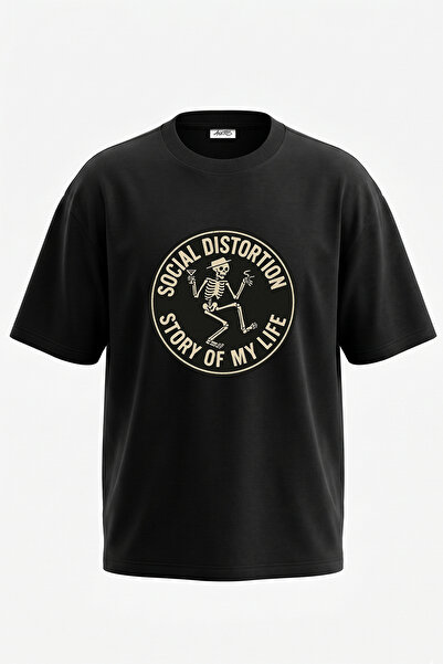 Anetos Social Distortion Design Printed Oversize Black T-Shirt