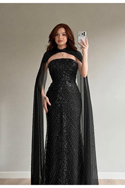 ayşenur Dinçer butik Elizan Pelerinli Maxi Abiye İndigo