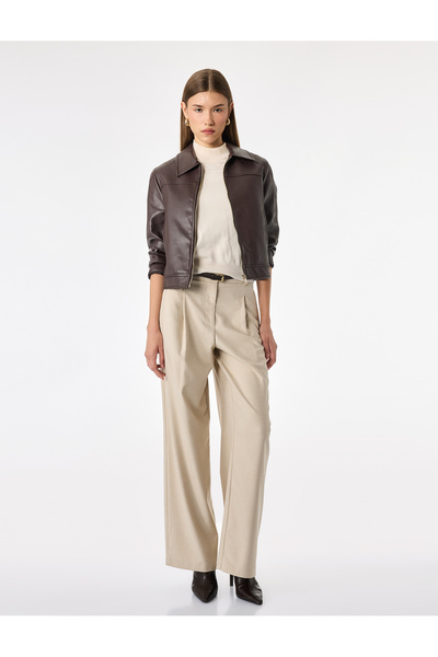 Koton Pocketed, Pleated Detailed, High-Waisted, Belted, Wide-Leg Palazzo Trou...