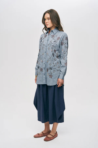 Orfeo Negro Anthracite Embroidered Floral Patterned Linen Cotton Tunic Shirt